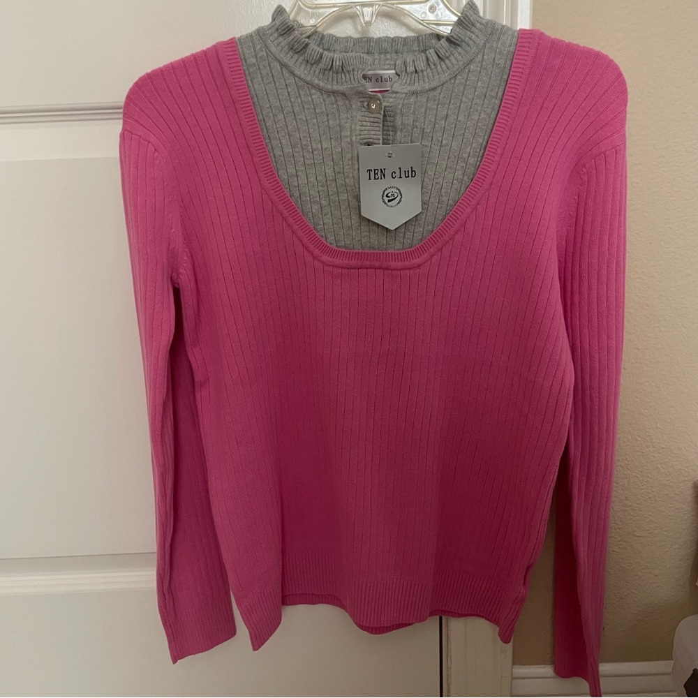 NWT Pink and Gray Mock-Layered Sweater